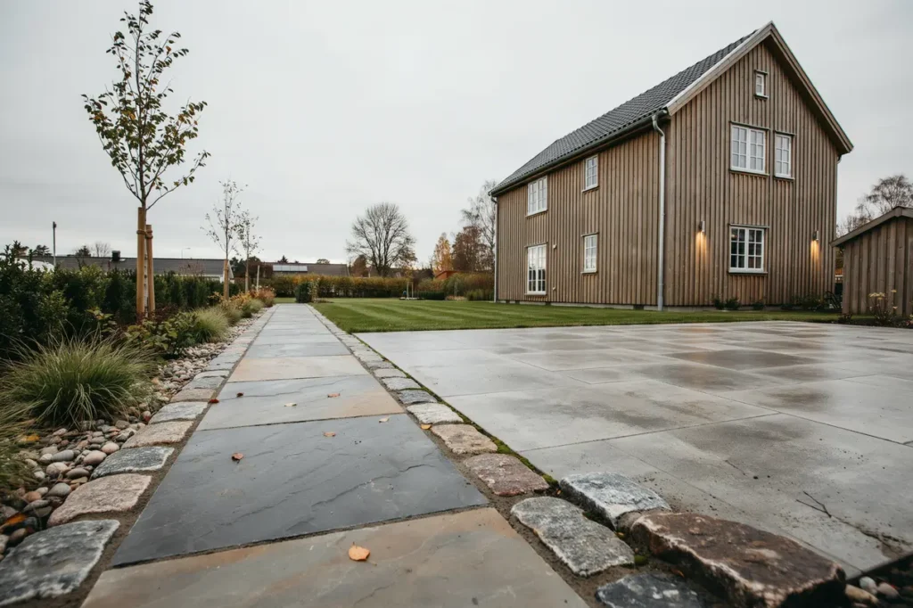 stens ttning och betongplattor i tr dg rden snygga h llbara ytor som lyfter hela huset