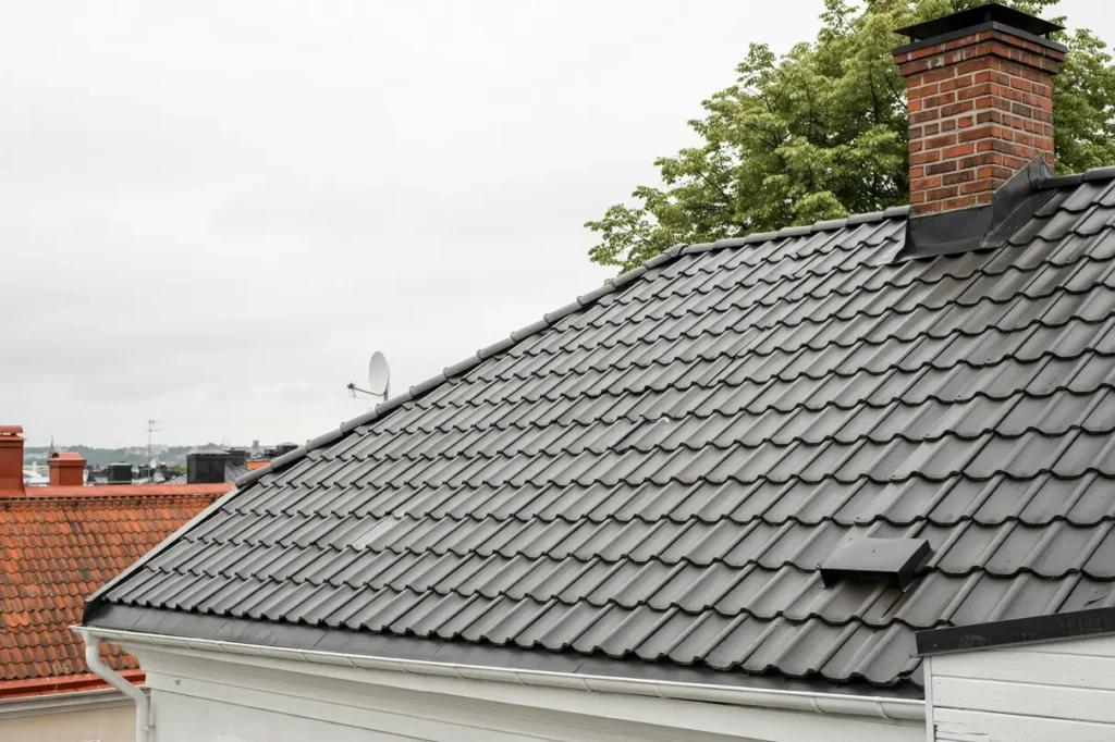 takrenovering med nya betongpannor p radhus i sickla nacka